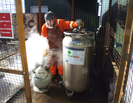 Liquid nitrogen being decanted